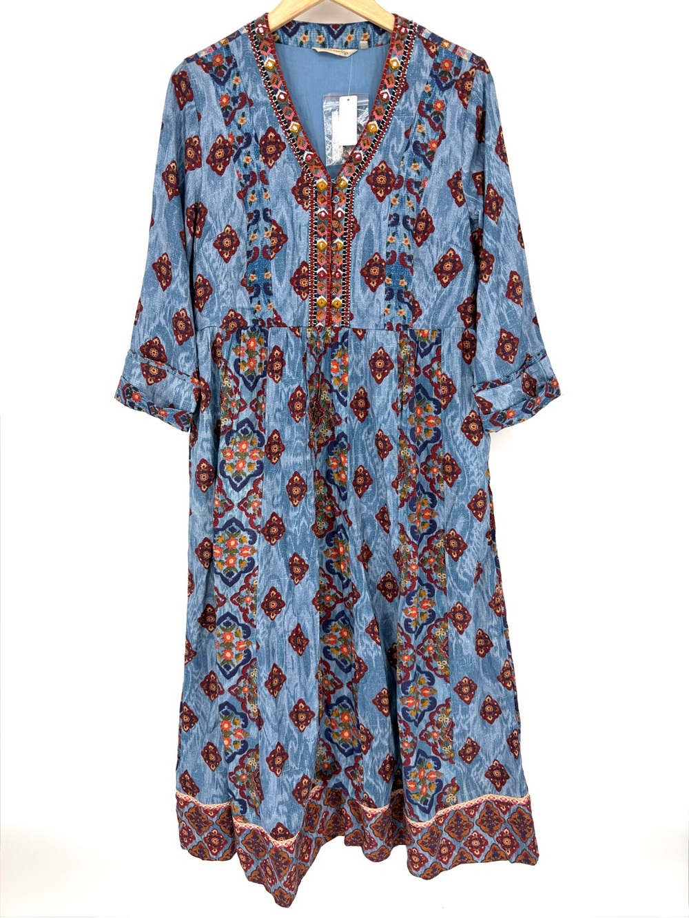 Soft Surroundings San Remo Maxi Dress L Blue Embroidered Beaded Boho Resort NWT